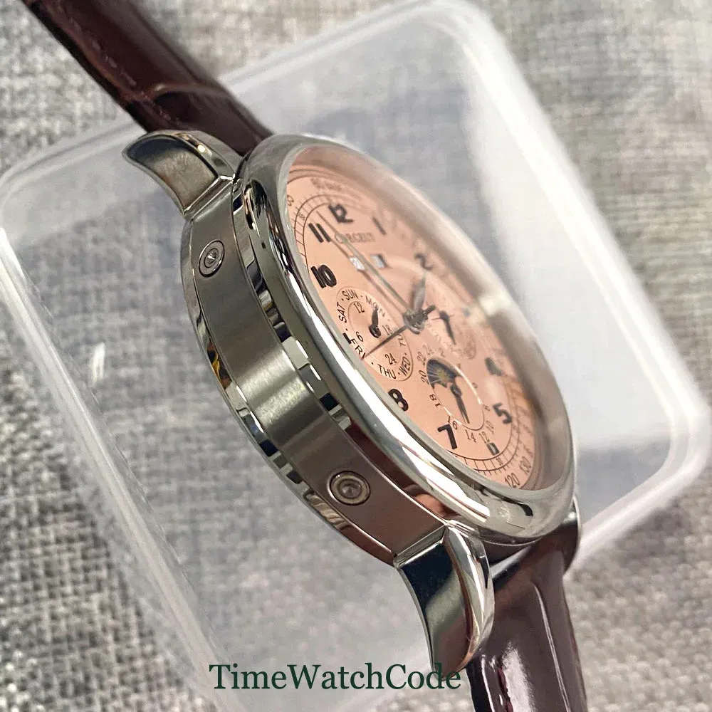 Color: WHITE - Corgeut 42mm Automatic Men's Watch Date Day Month Year Rose Gold Dial Multifunction 316L Leather Strap Polished Case Day Night