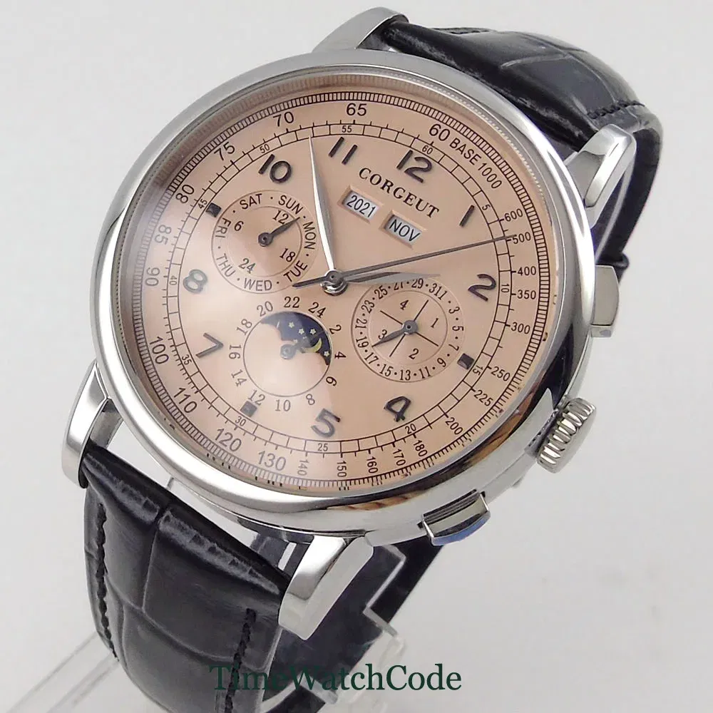 Color: WHITE - Corgeut 42mm Automatic Men's Watch Date Day Month Year Rose Gold Dial Multifunction 316L Leather Strap Polished Case Day Night
