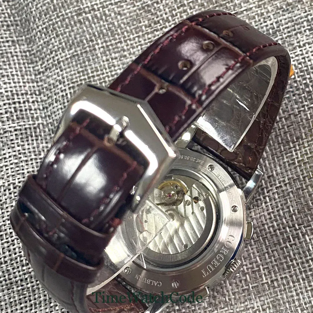 Color: WHITE - Corgeut 42mm Automatic Men's Watch Date Day Month Year Rose Gold Dial Multifunction 316L Leather Strap Polished Case Day Night