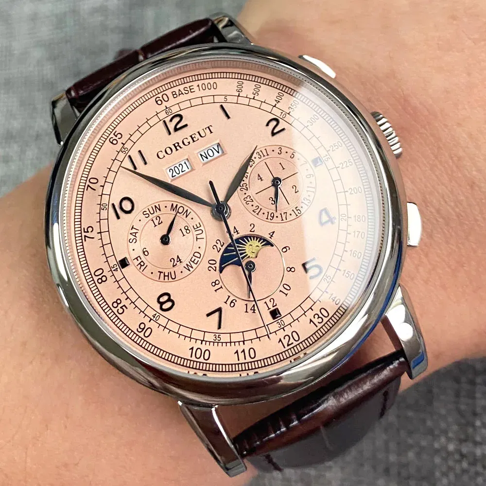 Color: WHITE - Corgeut 42mm Automatic Men's Watch Date Day Month Year Rose Gold Dial Multifunction 316L Leather Strap Polished Case Day Night