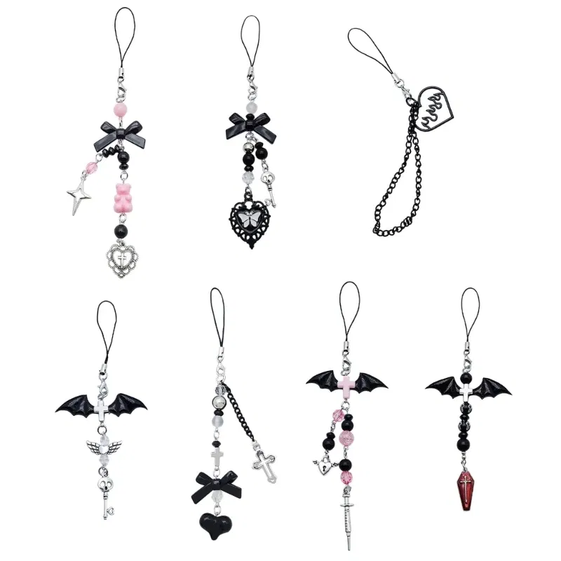 Color: Dark Grey - Goth Y2K Phone Charm Pendant Kawaii-Key Chain For Bag Cute Accessory Women Guitar Strap Lanyard Beaded Keychain Pendant