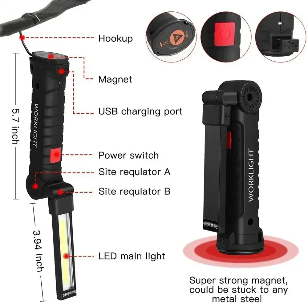Emitting Color: Warm White - COB LED Work Light Dimmable USB Rechargeable LED Flashlight Inspection Lamp With Magnetic Hook Power Bank 18650 Battery Torch