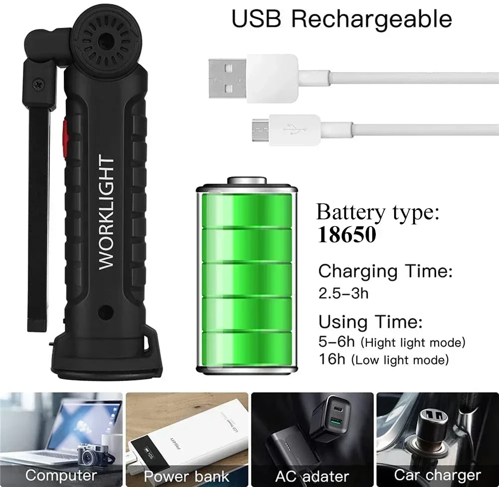 Emitting Color: Warm White - COB LED Work Light Dimmable USB Rechargeable LED Flashlight Inspection Lamp With Magnetic Hook Power Bank 18650 Battery Torch