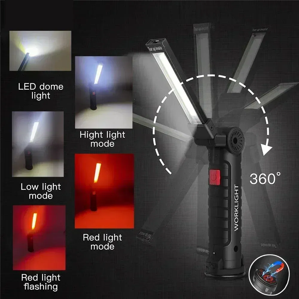Emitting Color: Warm White - COB LED Work Light Dimmable USB Rechargeable LED Flashlight Inspection Lamp With Magnetic Hook Power Bank 18650 Battery Torch