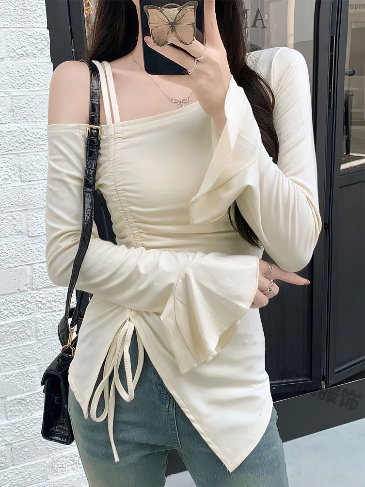 Color: black, Size: L - Sweet Sexy Drawstring Ribbon White Off Shoulder Top Women Basic Long Sleeve Body T-Shirt Elegant Flare Sleeve Lady Tees Pulovers