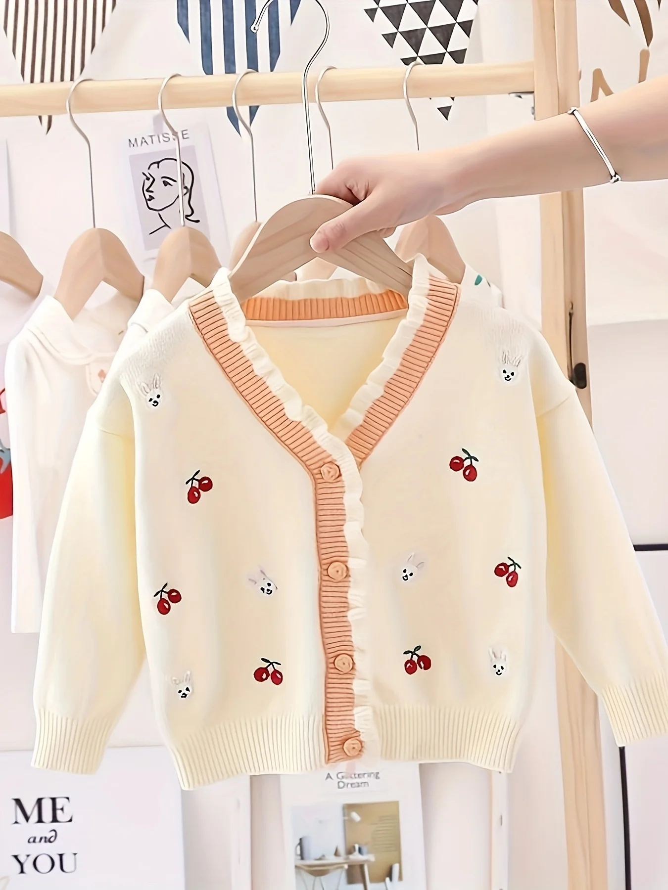 Color: Beige, Kid Size: 5 - Girls' Sweater Cardigan New Korean Style Children's Knitwear Top Kids' Fashionable Lace Jacket
