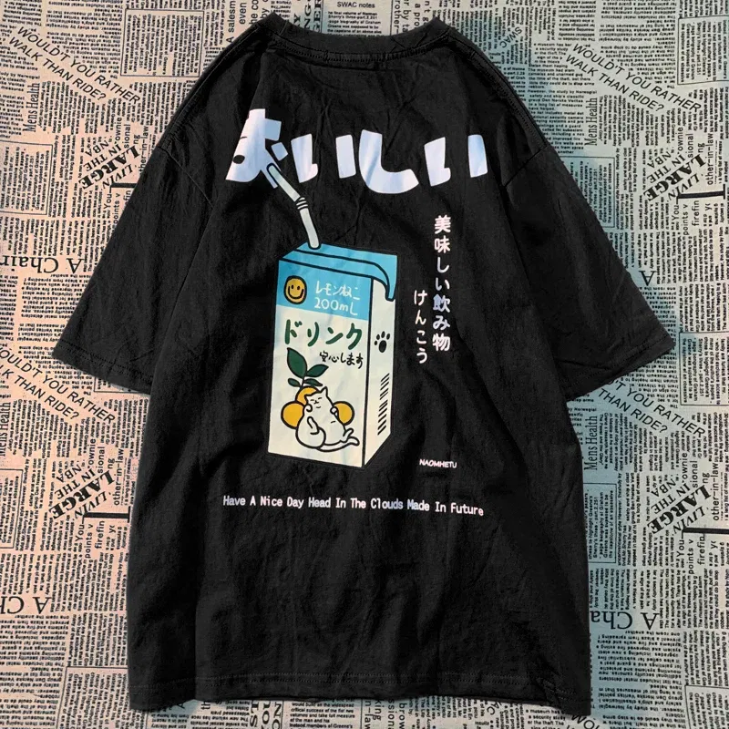 Color: Khaki, Size: XXL - Cute Japanese Cat Print Oversized T-shirt men Women Short Sleeve Loose Casual Tee Shirt Streetwear Tops Cotton Harajuku Clothing