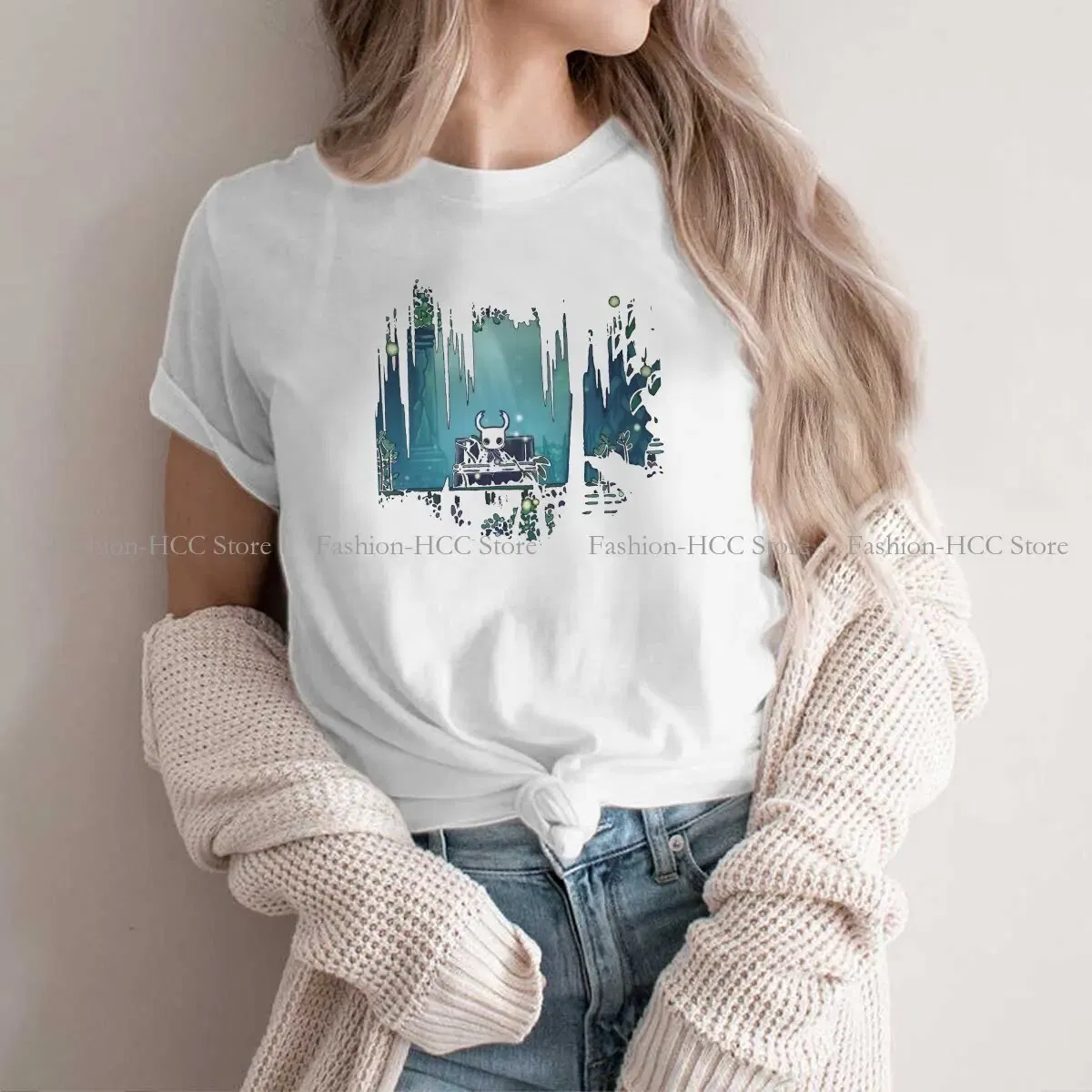 Color: WHITE, Size: XXL - Green Graphic Polyester TShirt Hollow Knight Creative Tops Casual T Shirt Female