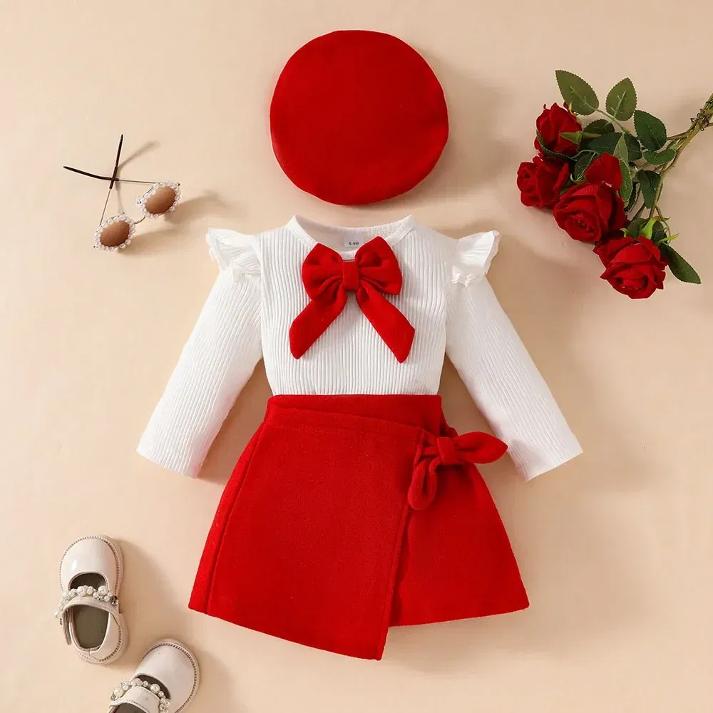 Color: LIGHT BLUE, Kid Size: 12M - Baby Girls Clothes New Year Set 0-3Y Long Sleeve Big Bow Top Irregular Skirt and Beret 3Pcs Toddler Christmas Clothes