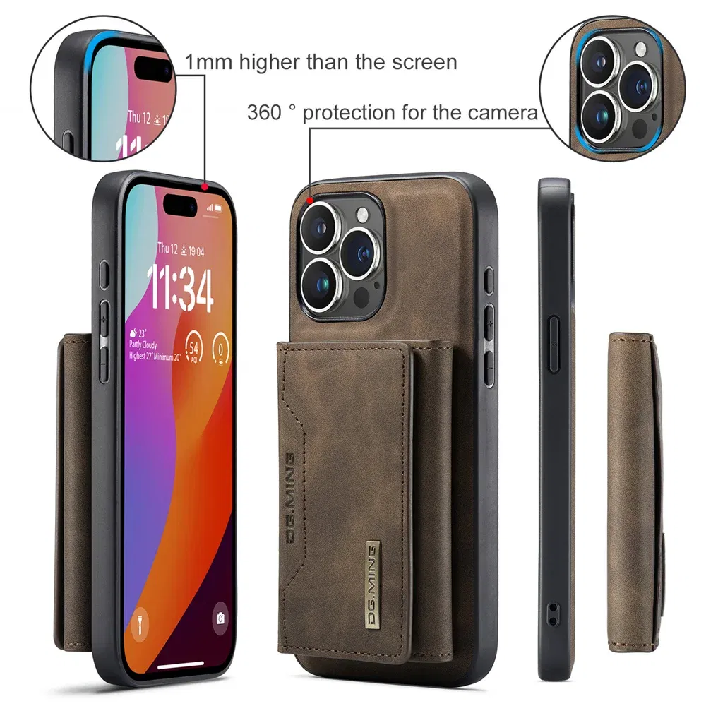 Color: Coffee, Material: Wood - 2 In 1 Case For iPhone 16 15 14 13 12 11 Pro Max Plus XS Max XR 8 Plus SE 2022 Wallet Magnetic Leather Card Holder Pocket Cover
