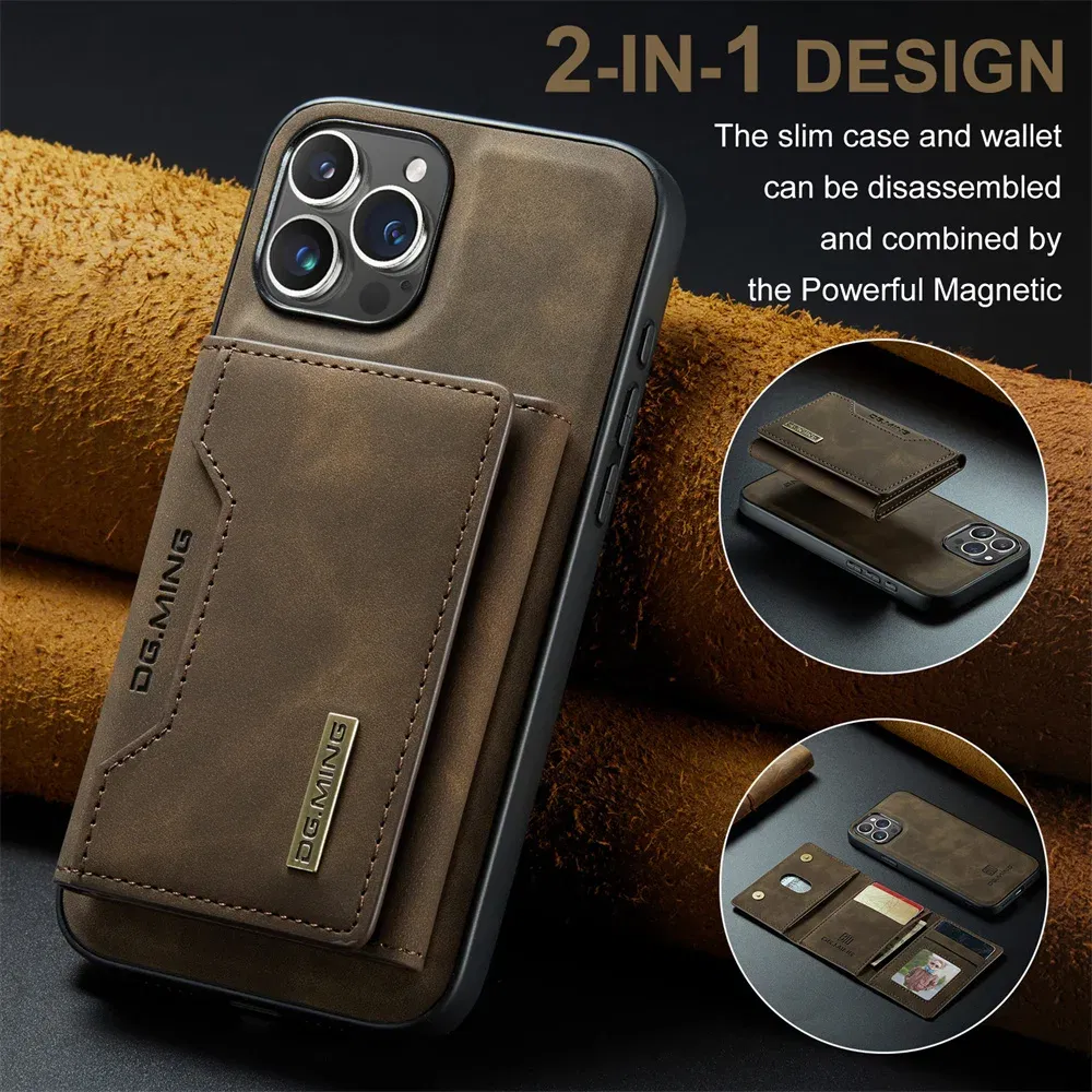 Color: Coffee, Material: Wood - 2 In 1 Case For iPhone 16 15 14 13 12 11 Pro Max Plus XS Max XR 8 Plus SE 2022 Wallet Magnetic Leather Card Holder Pocket Cover