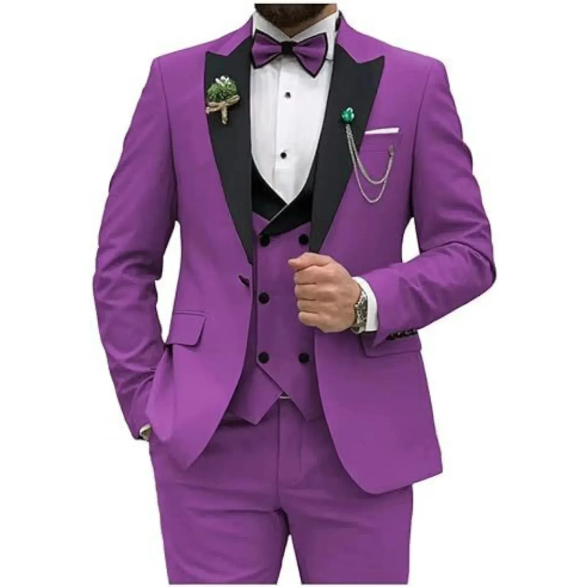 Color: PURPLE, Size: XXL - Men Suit Colorful Luxury Blazer Vest And Pant Sets 3 Piece Birthday Dress Business  Prom Evening Party Costumes High Quality