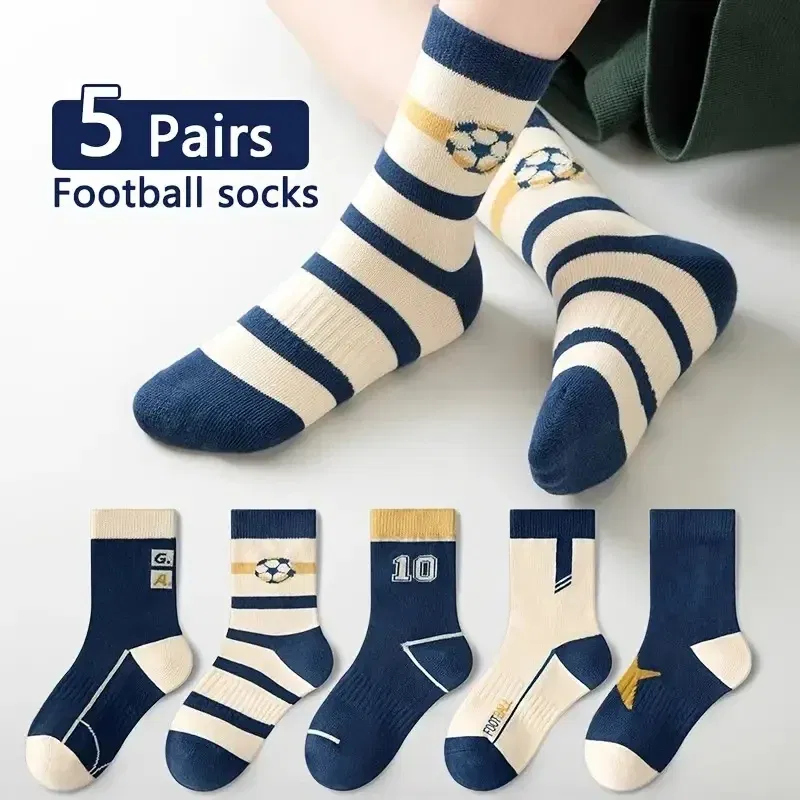Color: SKY BLUE, Size: 7-9T - Baby Socks 5 Pairs/lot Autumn Cotton Socks Kids Boys Calf-length Striped Socks Children's Spring Autumn Socks