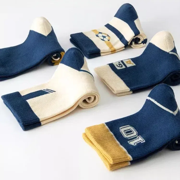 Color: SKY BLUE, Size: 7-9T - Baby Socks 5 Pairs/lot Autumn Cotton Socks Kids Boys Calf-length Striped Socks Children's Spring Autumn Socks