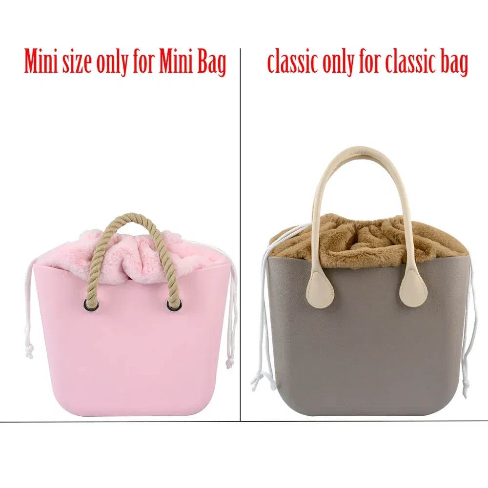 Color: Pink - 2025 Winter O Bag Large Capacity Classic Mini Plush Fur Furry Organizer Top Drawstring Colorful Inner Insert for Obag Winter