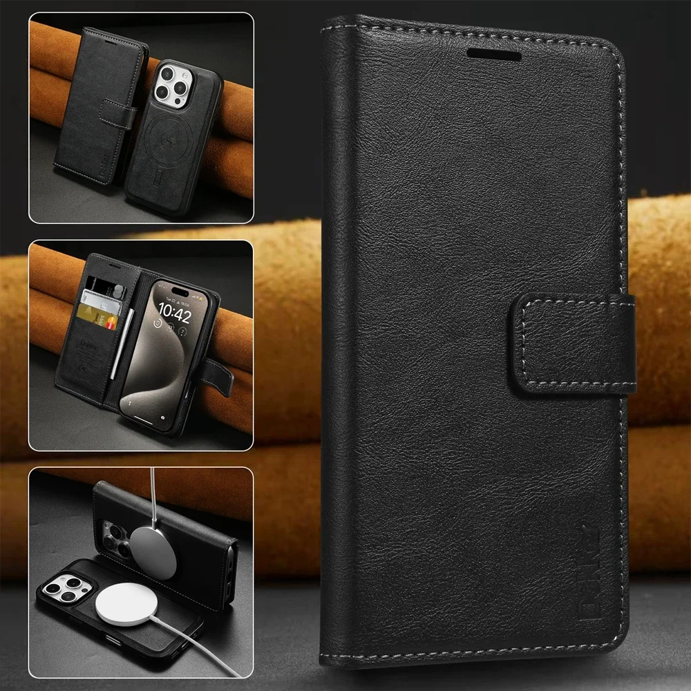 Color: black, Material: CANVAS - 2 in 1 MagSafe Wallet Case for IPhone 16 Promax 15 Plus 14 Pro Max 13 12 Iphone16 Magnetic Wireless Charging Phone Cover