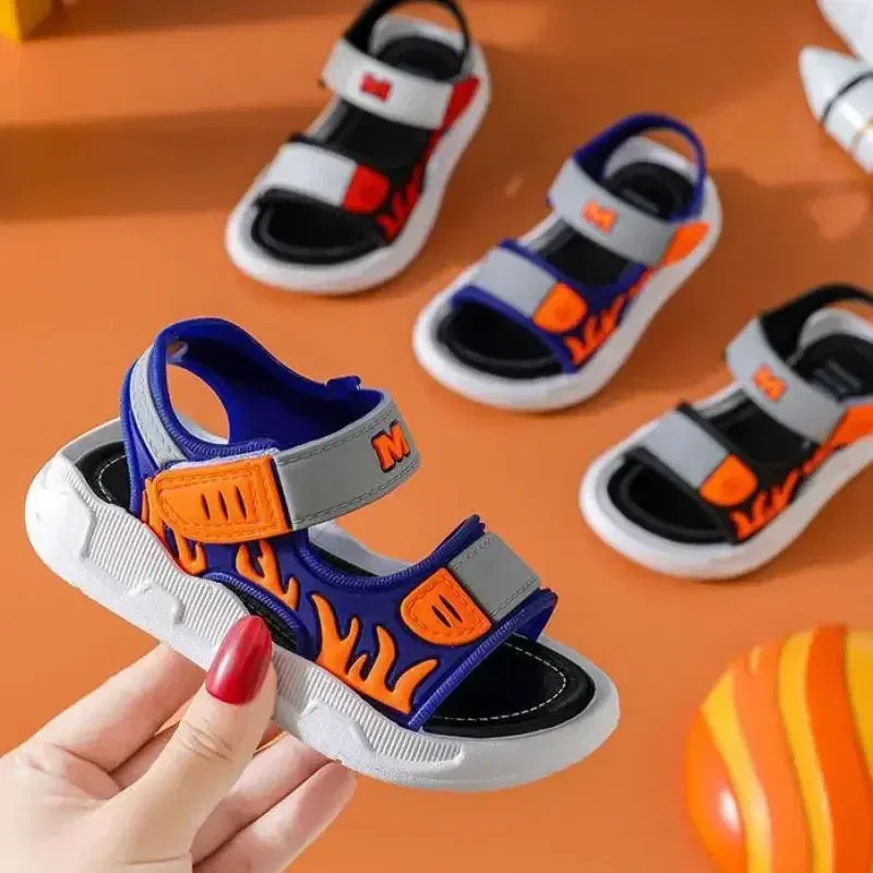 Color: black, Shoe Size: 31 - Baby Sandals Flame Pattern Boy Sandals Soft Sole Anti-slip Boys Girls Children Shoes