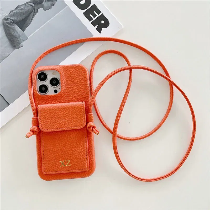 Color: Orange, Material: PU - Personalized Gold Silver Letters Leather PU Card Holder Lanyard Hard Case For iPhone 14 13 12 11 15 Pro Max XS XR 16  Plus Cover
