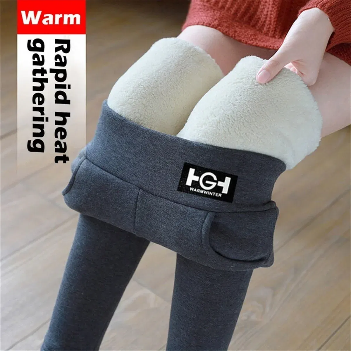 Color: Blue, Size: L - Winter Women Leggings Solid Warm Leggings Thicken Lambwool Hight Waist Fleece Keep Butt Lift High Stretchy Walking Pants Pocket