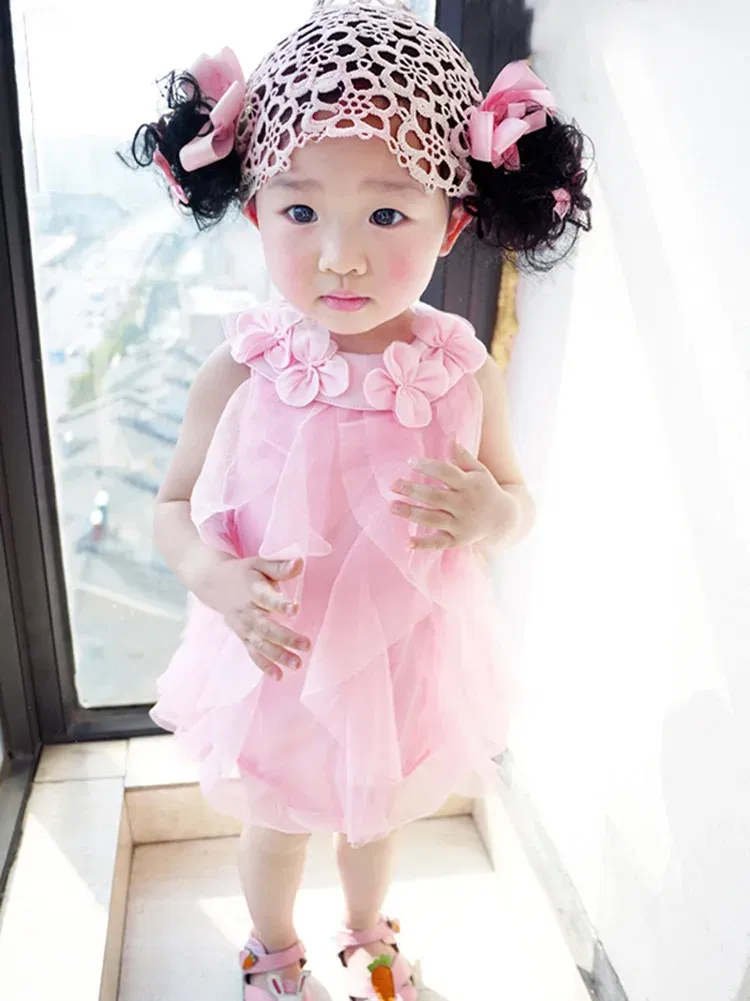 Color: Pink, Kid Size: 12M - Summer Sleeveless Girls Chiffon Dress Flowers Kids Girl Birthday Party Dresses Baby Clothes Vestidos