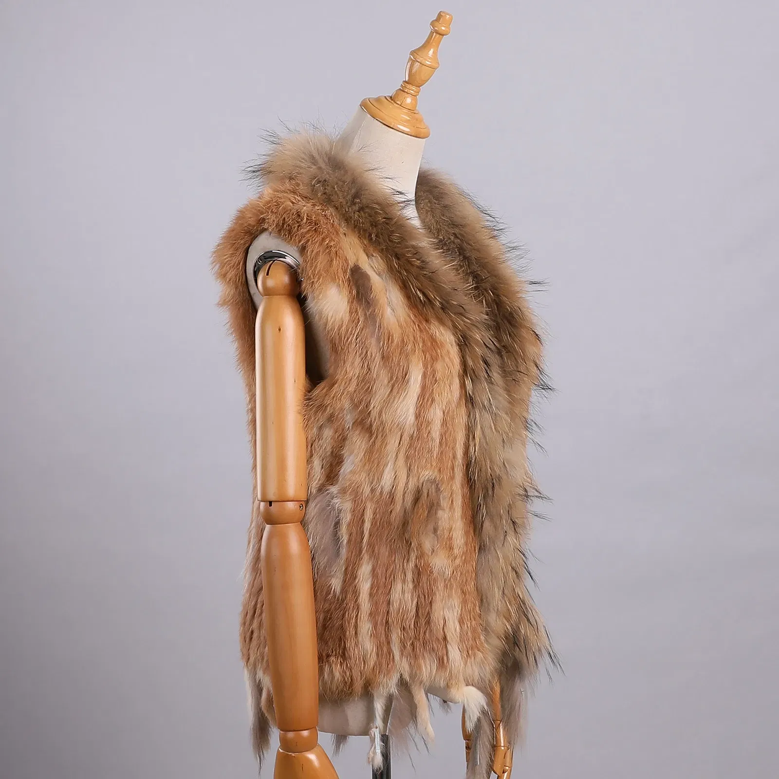 Color: Blue, Size: S - Luxury Women's Genuine Premium Long Hair Rabbit Fur Knit Vest Raccoon Fur Trim Gilet Lady Sleeveless Waistcoat Real Fur Jacket