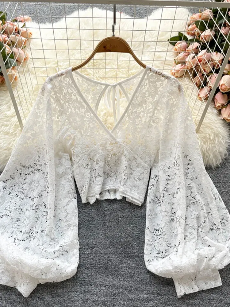 Color: green, Size: One Size - Autumn Black/White/Brown Sexy Lace Blouse Women Elegant V-Neck Puff Long Sleeve Open Back Short Tops Female Party Blusas 2021