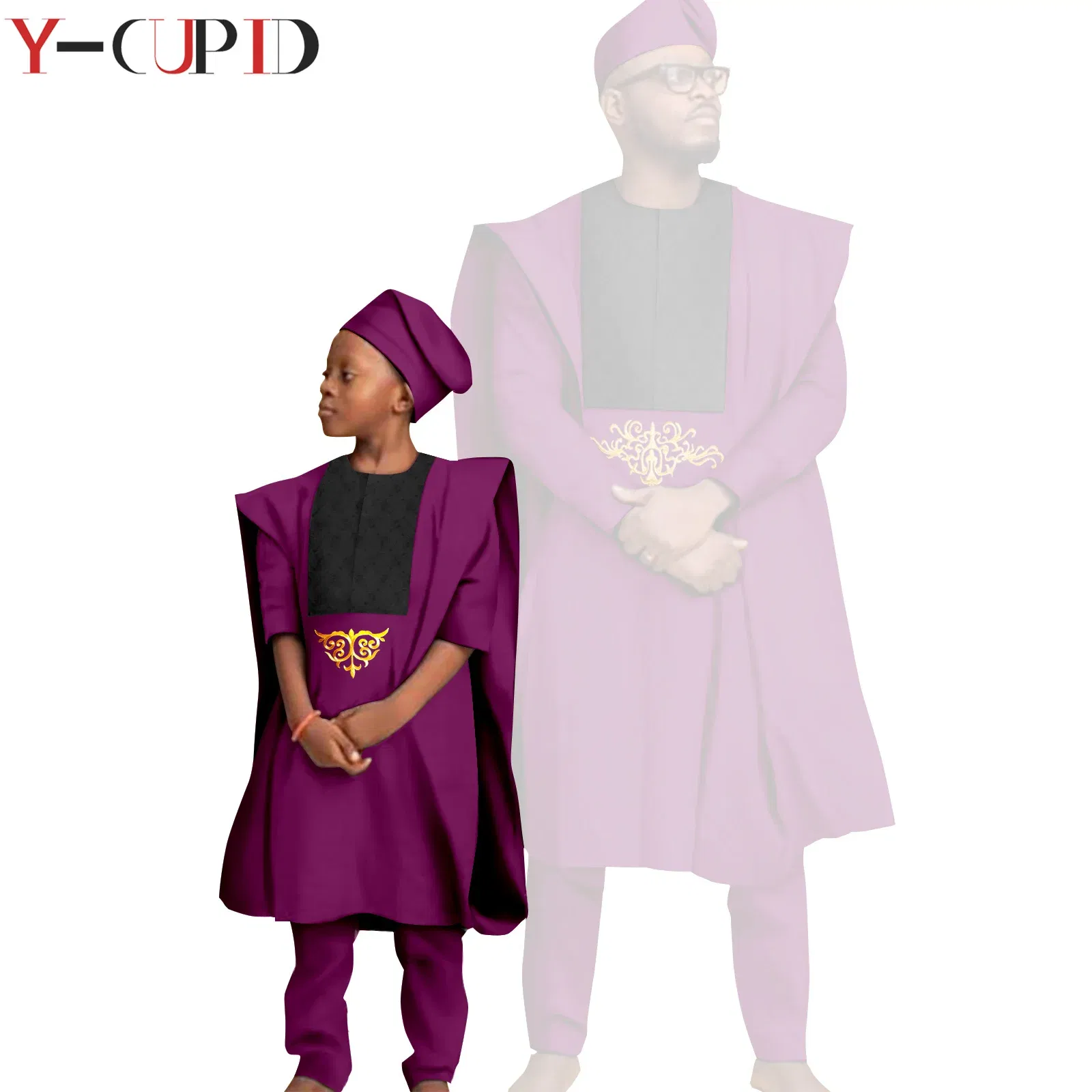 Color: Brown, Size: XXL - African Clothes for Men Top Pants Robes Hat Sets Match Kid Boy Sets Dashiki Father and Son Bazin Riche Family Outfits Y20F001
