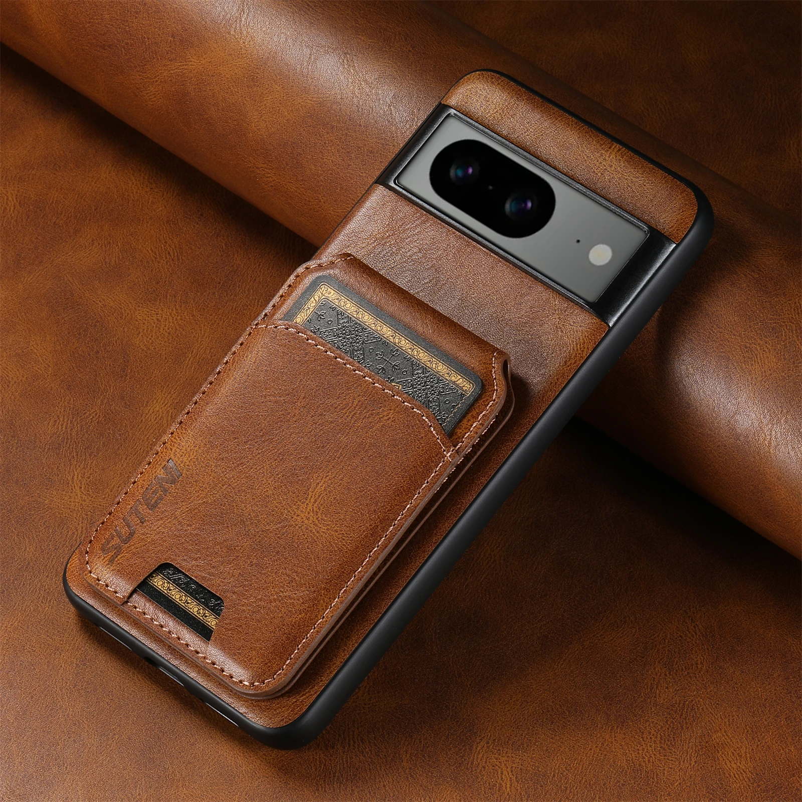 Color: Coffee, Material: Neoprene - SUTENI Card Holder Leather Pocket Wallet Phone Case Stand For Google Pixel 8A 8Pro 7 7Pro 7A 6 6Pro 6A