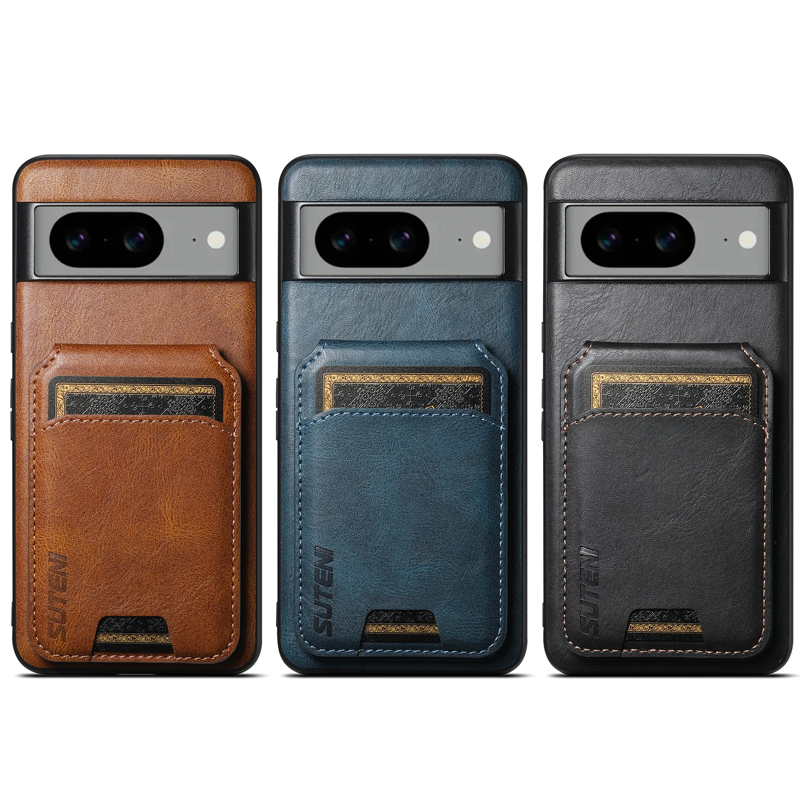 Color: Coffee, Material: Neoprene - SUTENI Card Holder Leather Pocket Wallet Phone Case Stand For Google Pixel 8A 8Pro 7 7Pro 7A 6 6Pro 6A