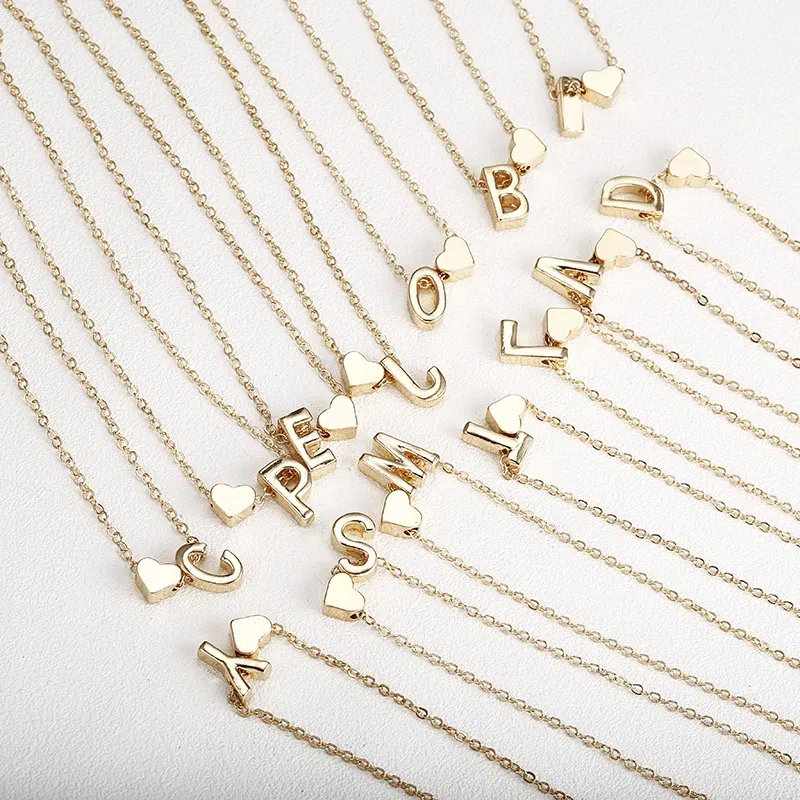 Metal Color: Blue Zinc Plated - Fashion Tiny Heart Dainty Initial Necklace With Letter Name Choker Necklace For Women Pendant Jewelry Accessories Gift