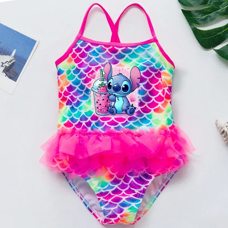 Color: MULTI, Kid Size: 3M - Lilo Stitch Girl Swimsuit Summer One-Piece Swimwear Beachwear Pool Mermaid Fish Scale Print Bikini Bathing Outfit Swimming Wear