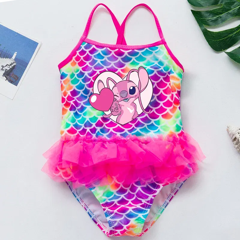 Color: MULTI, Kid Size: 3M - Lilo Stitch Girl Swimsuit Summer One-Piece Swimwear Beachwear Pool Mermaid Fish Scale Print Bikini Bathing Outfit Swimming Wear