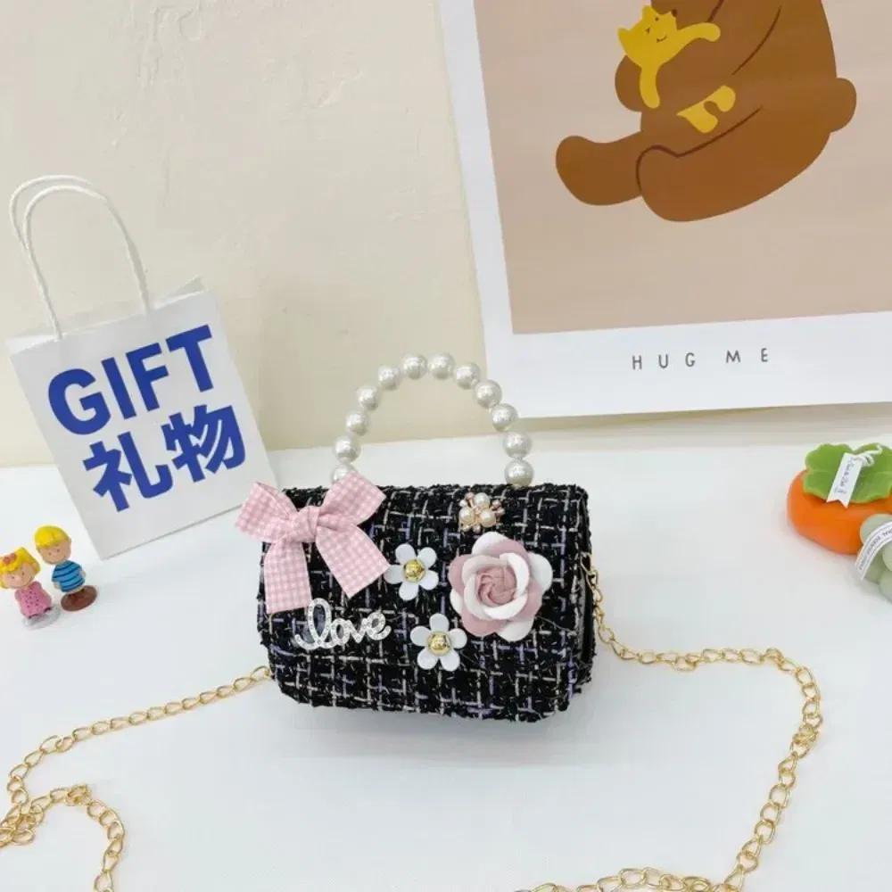Color: black - New Children's Fashion Little Fragrant Wind Elsa Princess Bag Little Girl Pearl Handheld Crossbody Bag Net  Red envelope
