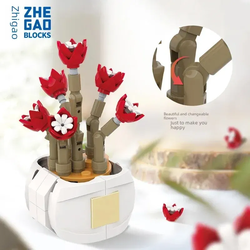 Ships From: CHINA, Color: Wood - Zhegao Cute Succulent Plant Building Blocks Potted Plant Assembly Toy Small Particle Desktop Ornament For Girls