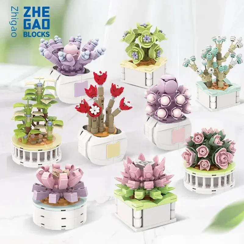 Ships From: CHINA, Color: Wood - Zhegao Cute Succulent Plant Building Blocks Potted Plant Assembly Toy Small Particle Desktop Ornament For Girls