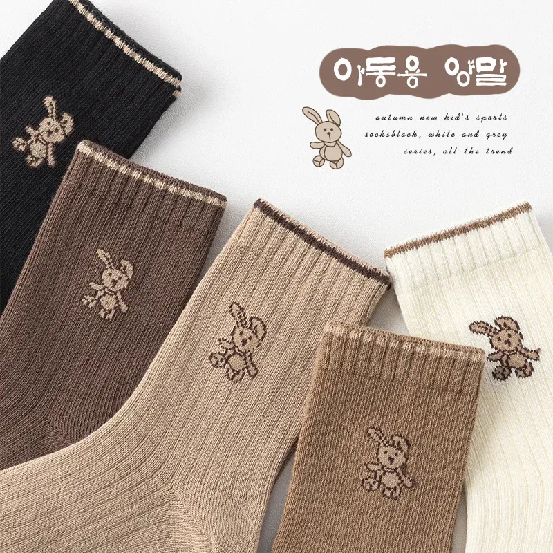 Color: green, Size: 7-9T - Autumn Socks Baby 5 Pairs Cartoon Bunny Pattern Socks Girls Calf Length Children Socks Solid Cotton Socks