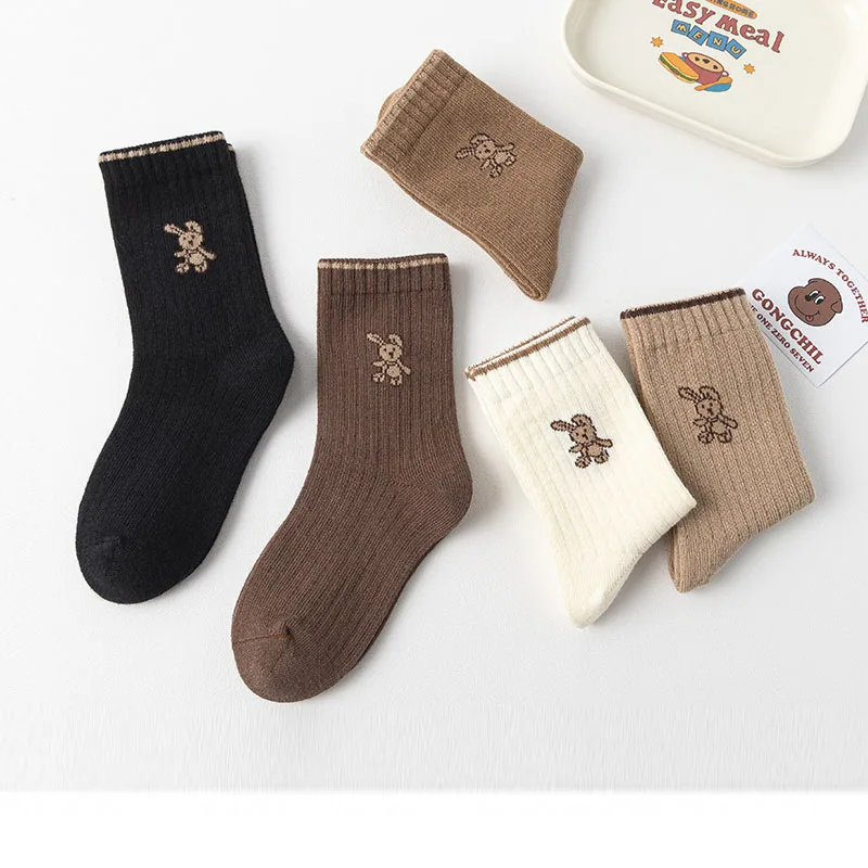 Color: green, Size: 7-9T - Autumn Socks Baby 5 Pairs Cartoon Bunny Pattern Socks Girls Calf Length Children Socks Solid Cotton Socks