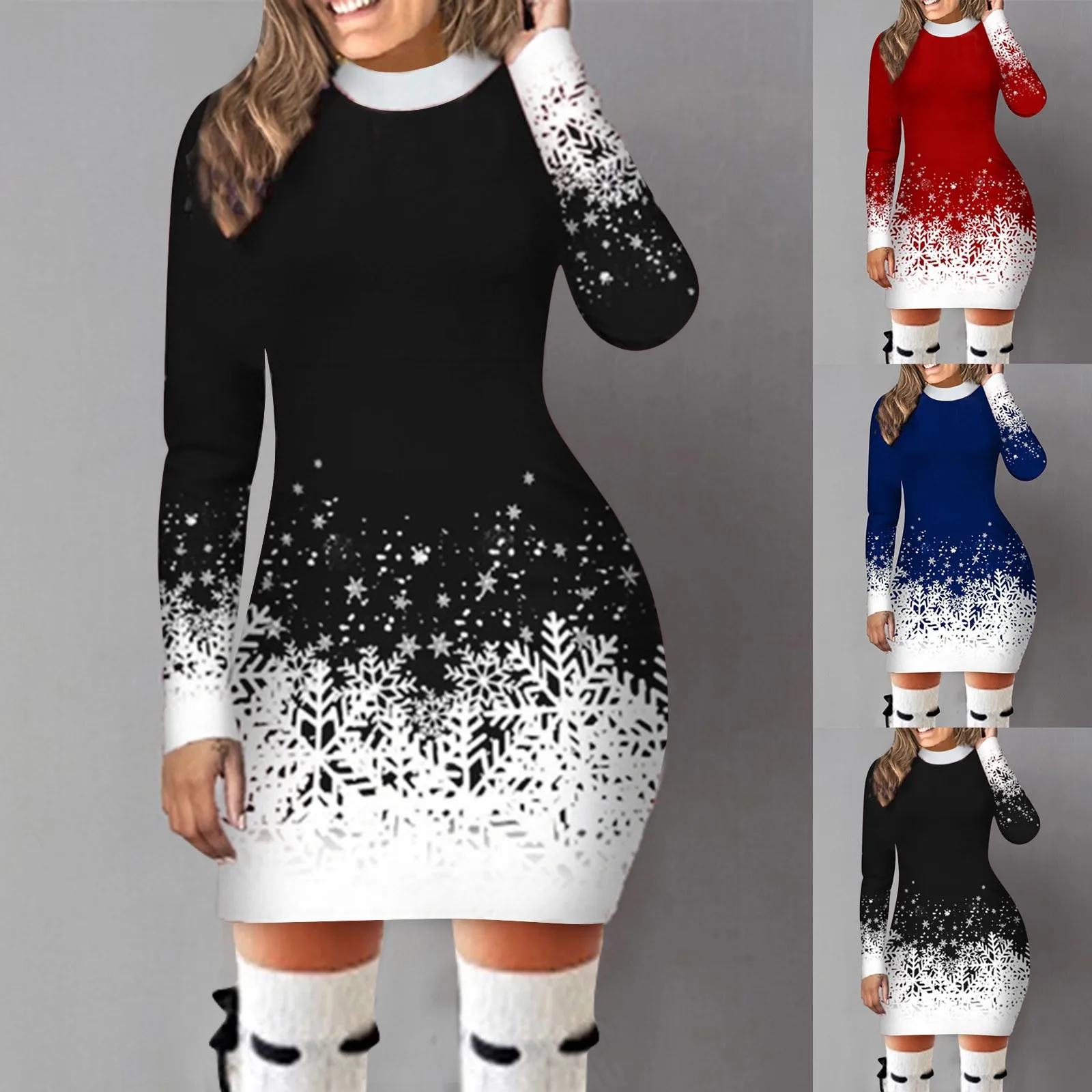 Color: Blue, Size: M, Ships From: CN - Women's Christmas Dress Hip Wrap Slim Fit Autumn Winter 2024 Dresses Round Neck Snowflake Printed Long-sleeved Party Clothes