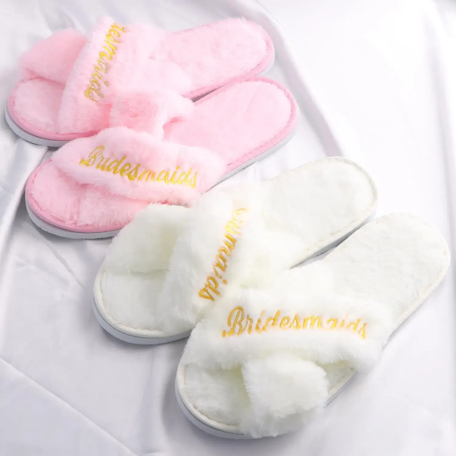 Color: Beige, Shoe Size: One Size - Personalized Wedding Name Slipper Bridal Party Fluffy Slippers Warm Soft Ladies Home Shoes Bridesmaids Gifts