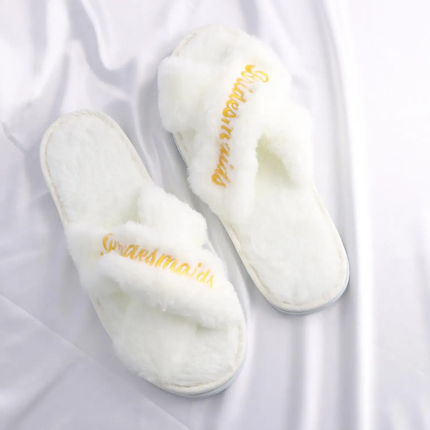 Color: Beige, Shoe Size: One Size - Personalized Wedding Name Slipper Bridal Party Fluffy Slippers Warm Soft Ladies Home Shoes Bridesmaids Gifts
