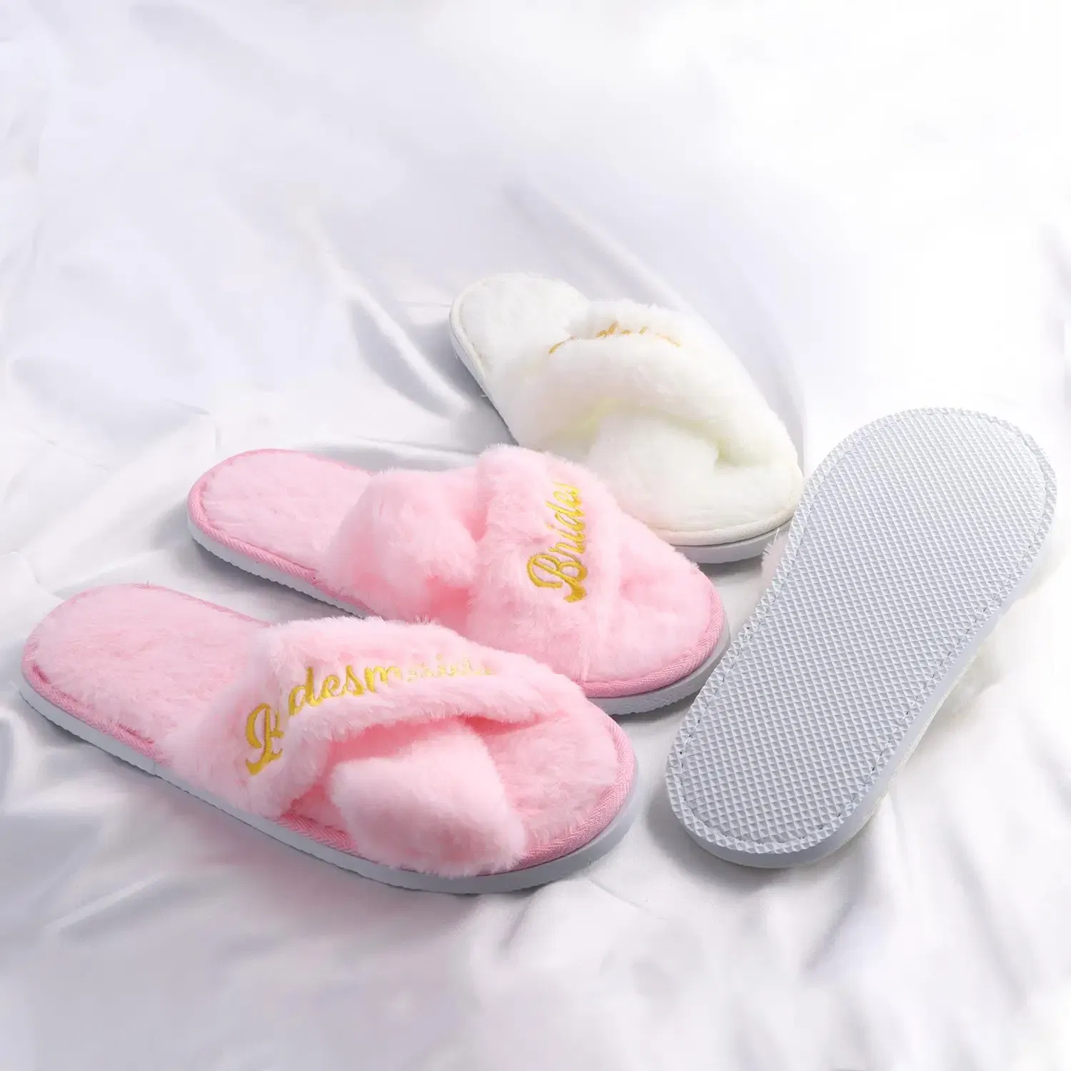 Color: Beige, Shoe Size: One Size - Personalized Wedding Name Slipper Bridal Party Fluffy Slippers Warm Soft Ladies Home Shoes Bridesmaids Gifts