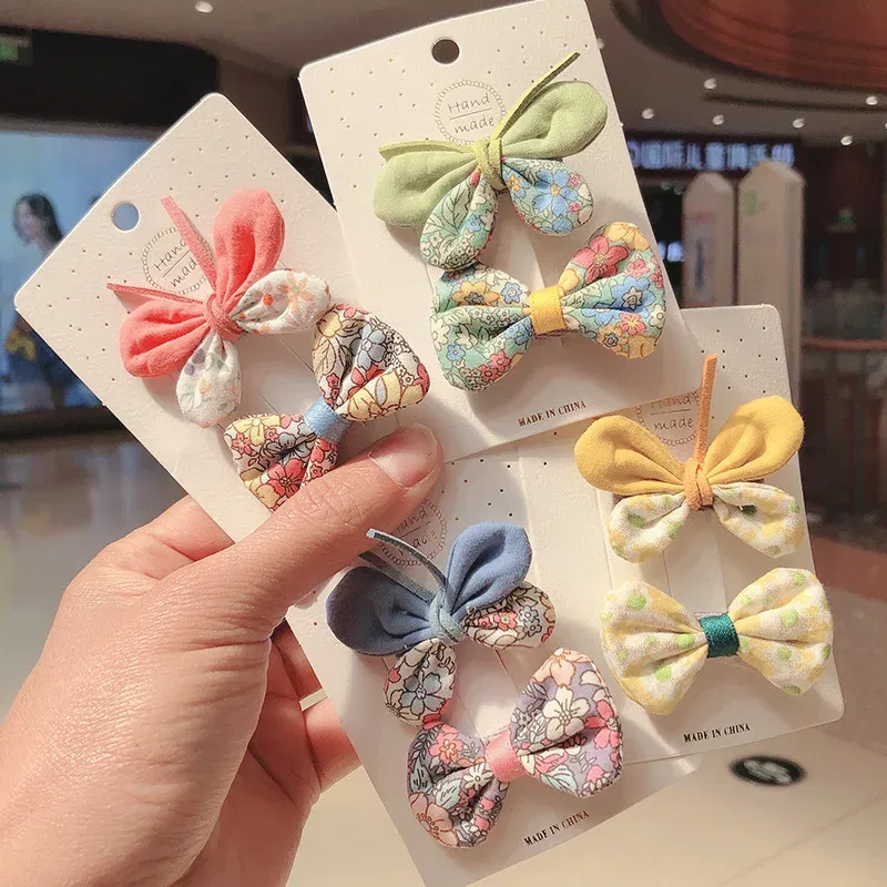 Color: SKY BLUE - 2PCS Set Children Girl Bow Butterfly Hair Clip Print Knot Hairpin Korean Princess Fresh Cute Lovely Hair Accessories Headdress