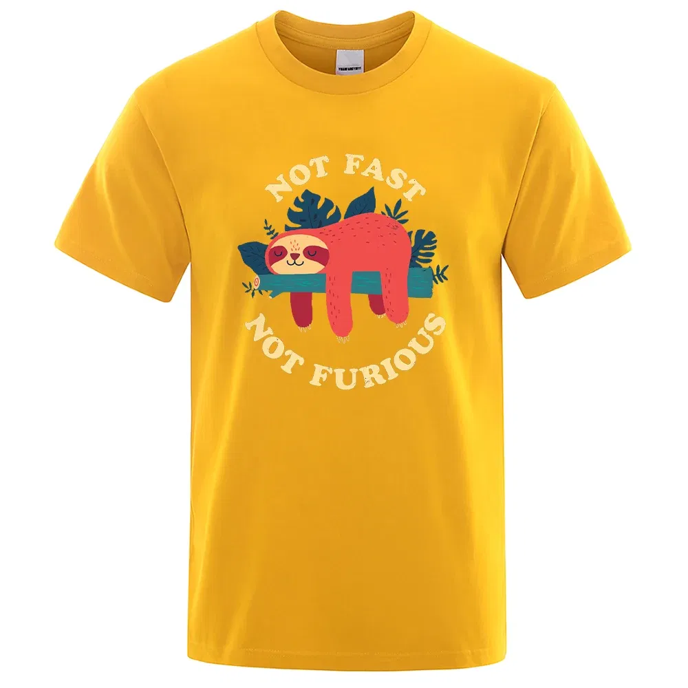 Color: Yellow, Size: M - Not Fast Not Furious Sloth Cute Print Men Tee Shirts Breathable Cotton Tops Street Fashion T-shirt Women Casual Summer T Shirts
