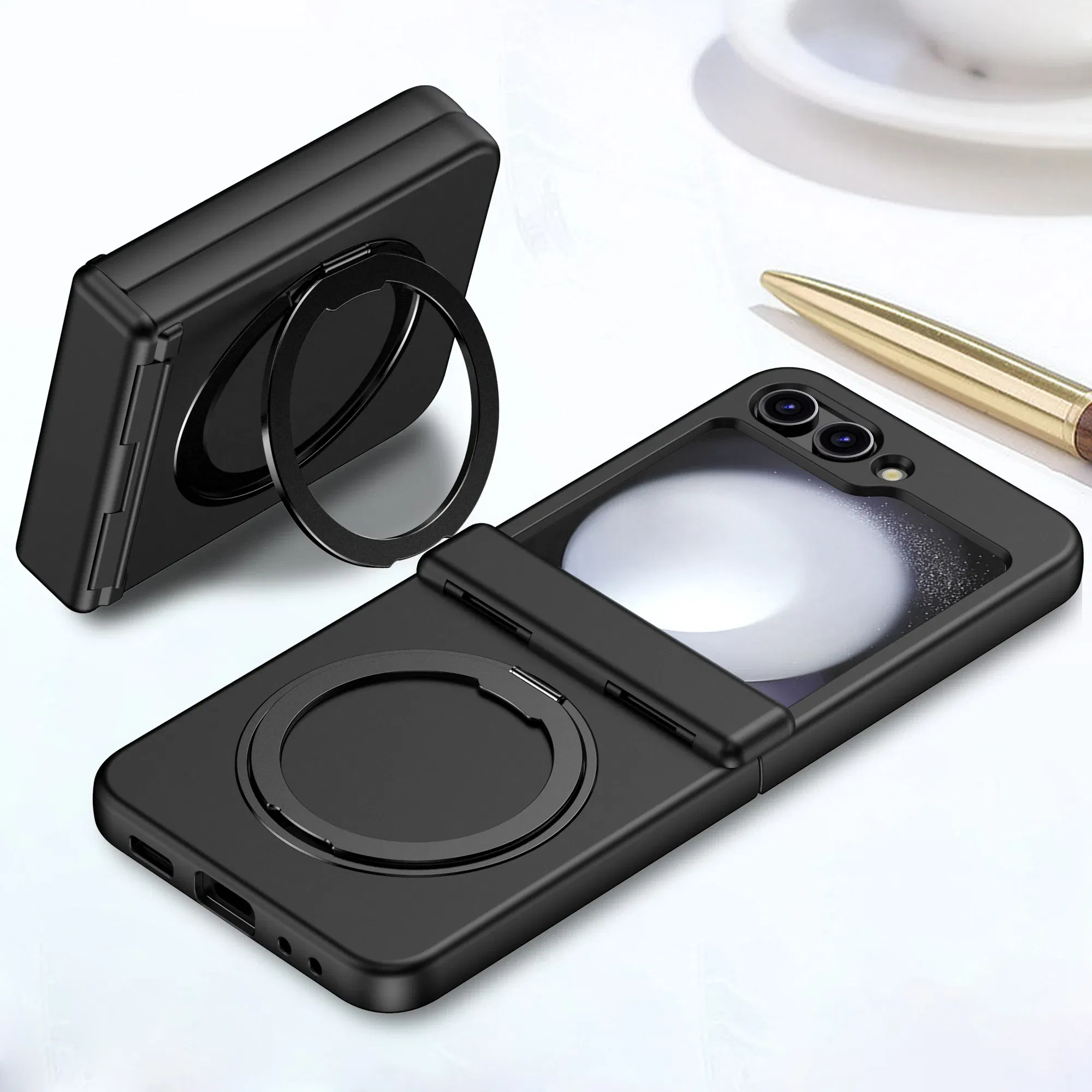 Color: Clear, Material: ABS - For Samsung Galaxy Z Flip5 Rotating 360?° Holder Phone case Magsafe Wireless charge 360 Degree Ring Magnetic stand Phone Covers