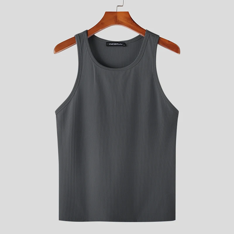 Color: GRAY, Size: L - INCERUN Men Tank Tops Solid Color O-neck Sleeveless Streetwear Summer Casual Vests Skinny 2023 Fashion Leisure Men Clothing 5XL