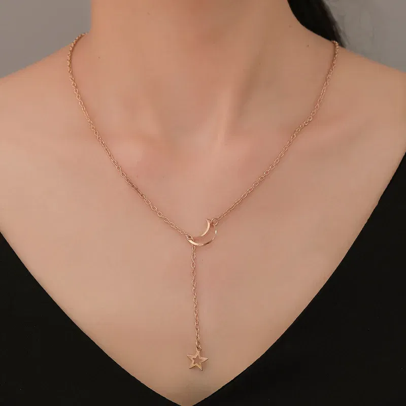 Metal Color: Light Yellow Gold Color - New Simple Moon Star Pendant Choker Necklace Simple Gold Color Alloy Charm Chain Collares Necklace For Women Party Jewelry