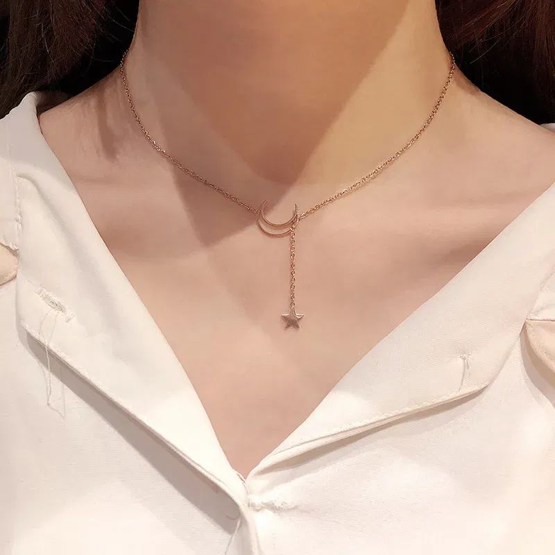 Metal Color: Light Yellow Gold Color - New Simple Moon Star Pendant Choker Necklace Simple Gold Color Alloy Charm Chain Collares Necklace For Women Party Jewelry