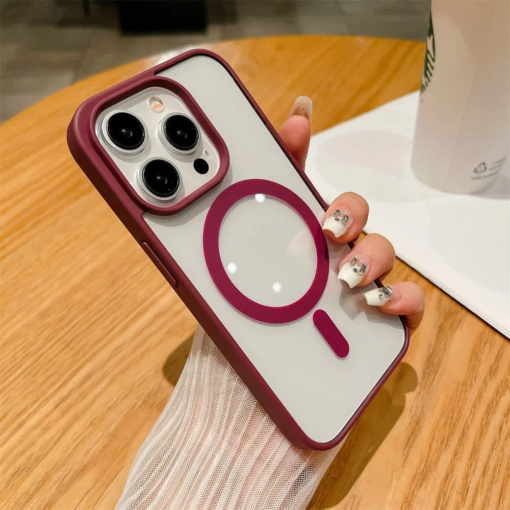 Color: Claret, Material: TPU - Luxury Shockproof Magsafe Wireless Charge Case for iPhone 17 Air 16 15 14 Plus 13 12 Mini 11 Pro Max Clear Magnetic Bumper Cover