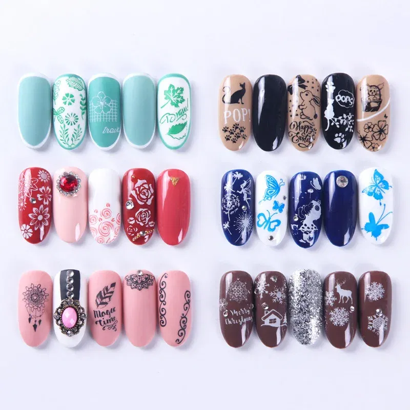 Color: army green - 12Designs Retro Flower Butterfly Nail Art Templates Stamping Plate Snowflake Animal Lace Stamp Templates Plate Image Decor Tools