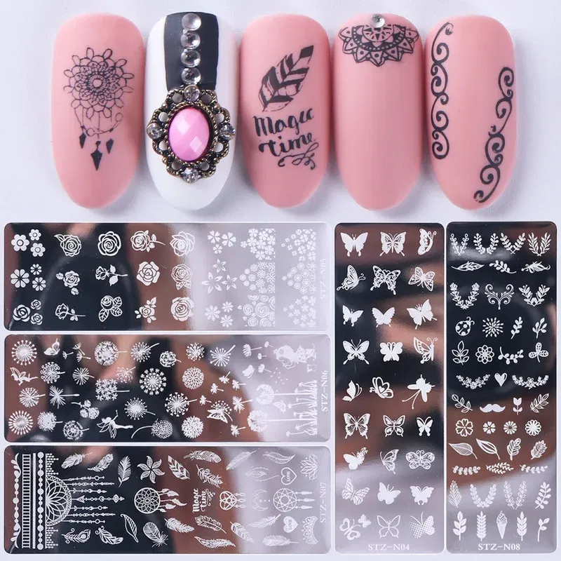 Color: army green - 12Designs Retro Flower Butterfly Nail Art Templates Stamping Plate Snowflake Animal Lace Stamp Templates Plate Image Decor Tools